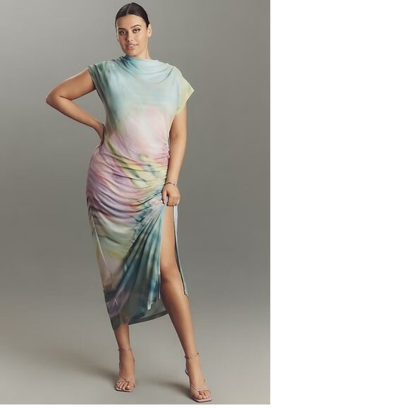 Anthropologie The Maya Ruched Cowl-Neck Mesh Dress new nwt size S green - Picture 5 of 11